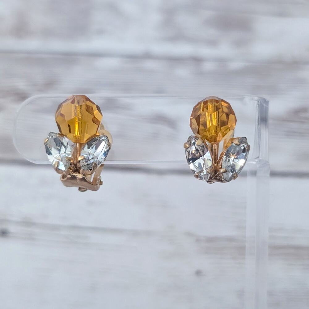 Vintage Clip On Earrings - Amber Tone Bead & Clear Gem 0.75"